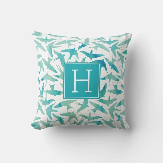 Groene Waterverf vogels monogrammed Kussen (Voorkant)