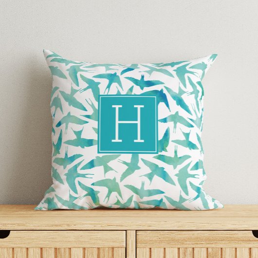 Groene Waterverf vogels monogrammed Kussen