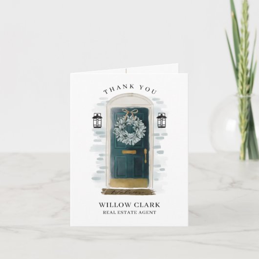 Groene Waterverf voordeur & krans Dank u Bedankkaart (Voorkant)