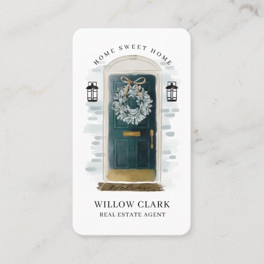 Groene Waterverf Voordeur Krans Onroerend goed Visitekaartje (Voorkant)