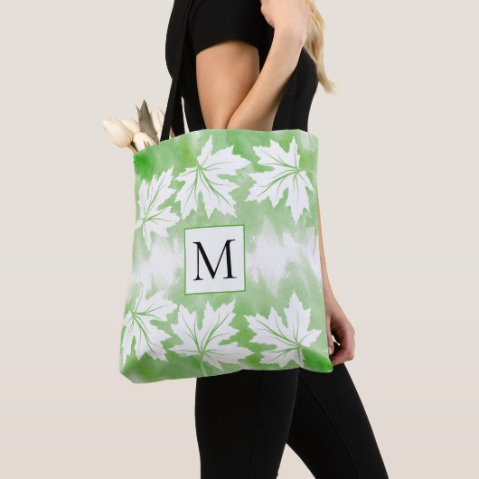 Groene waterverf wasmakelblad en monogram tote bag (Dichtbij)