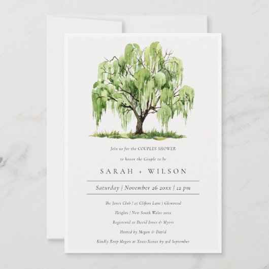 Groene Waterverf Willow Tree Couples Shower Invite Bedankkaart (Voorkant)