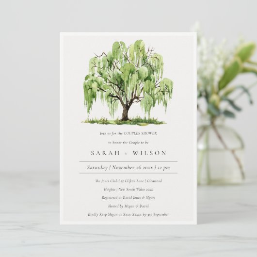 Groene Waterverf Willow Tree Couples Shower Invite Bedankkaart (Staand voorkant)