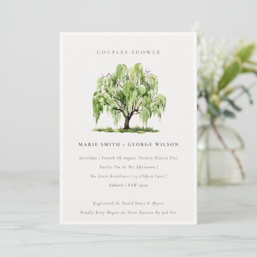 Groene Waterverf Willow Tree Couples Shower Invite Bedankkaart (Staand voorkant)