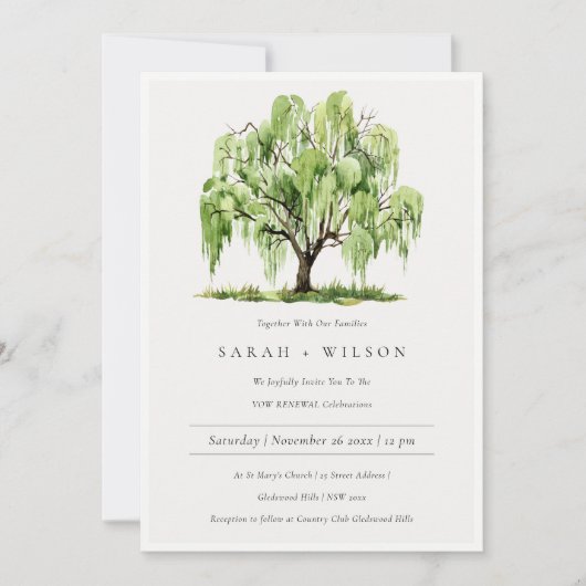 Groene Waterverf Willow Tree Vow Renewal Invite Bedankkaart (Voorkant)