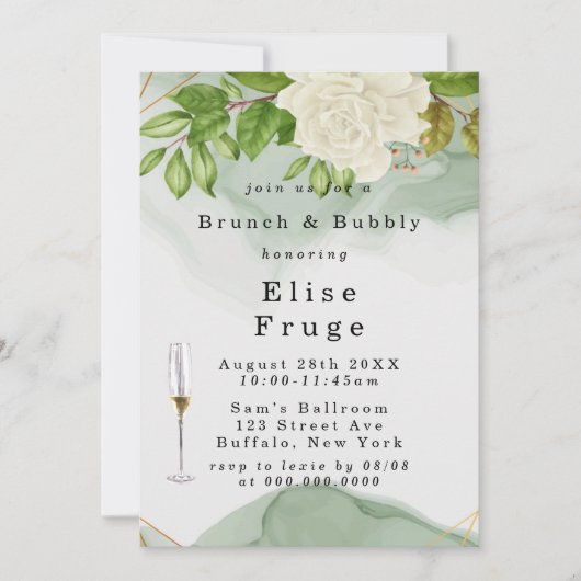 Groene Waterverf Witte rozen Brunch & Bubble Kaart (Voorkant)