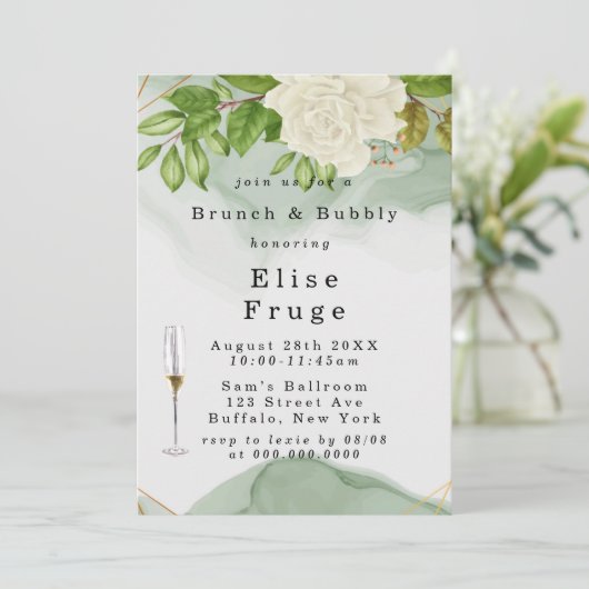 Groene Waterverf Witte rozen Brunch & Bubble Kaart (Staand voorkant)