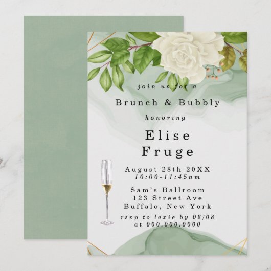 Groene Waterverf Witte rozen Brunch & Bubble Kaart (Voorkant / Achterkant)