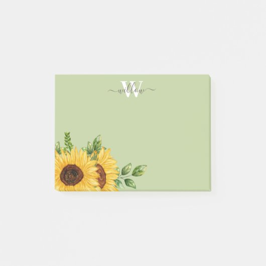 Groene Waterverf Zonnebloem met Monogram Post-it® Notes (Voorkant)