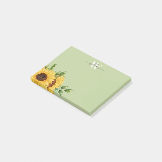 Groene Waterverf Zonnebloem met Monogram Post-it® Notes (Schuin)