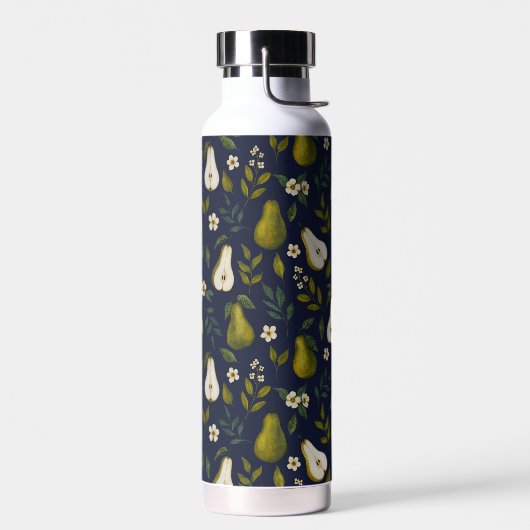 Groene Waterverfpatroon van Peer op Donkerblauw Waterfles (Links)