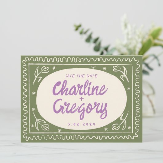 Groene Wavy Handschrift Retro De datum opslaan Kaart (Staand voorkant)