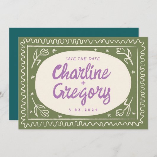 Groene Wavy Handschrift Retro De datum opslaan Kaart (Voorkant / Achterkant)