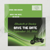 Groene wegbiker/motorfiets bruiloft Bespaar op dat Aankondigingskaart (Voorkant / Achterkant)