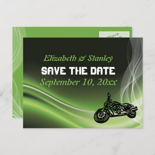 Groene wegbiker/motorfiets bruiloft Bespaar op dat Aankondigingskaart (Voorkant / Achterkant)