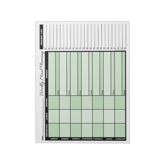 Groene Wekelijkse Meal Planner met Grocery List Notitieblok (Linkerzijde)