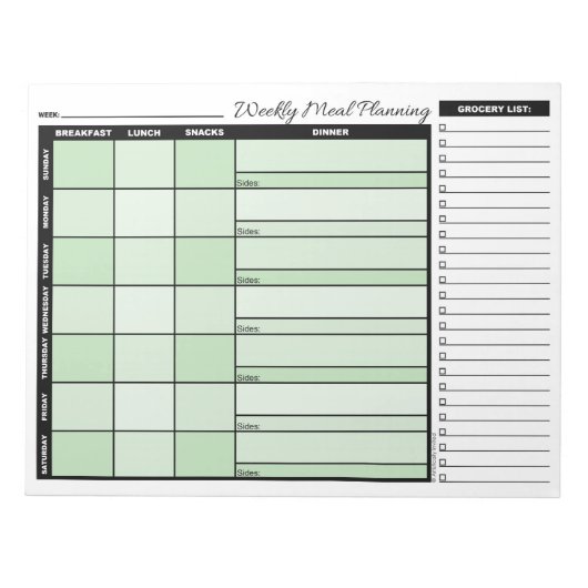 Groene Wekelijkse Meal Planner met Grocery List Notitieblok (Voorkant)