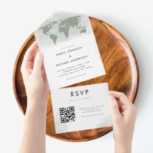 Groene Wereldkaart Reisbestemming Moderne Qr Code All In One Uitnodiging