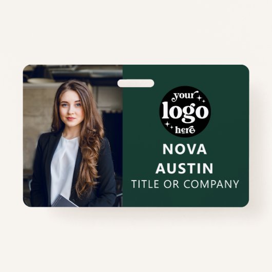 Groene werknemer Foto-ID met QR-code Business Logo Badge (Voorkant)