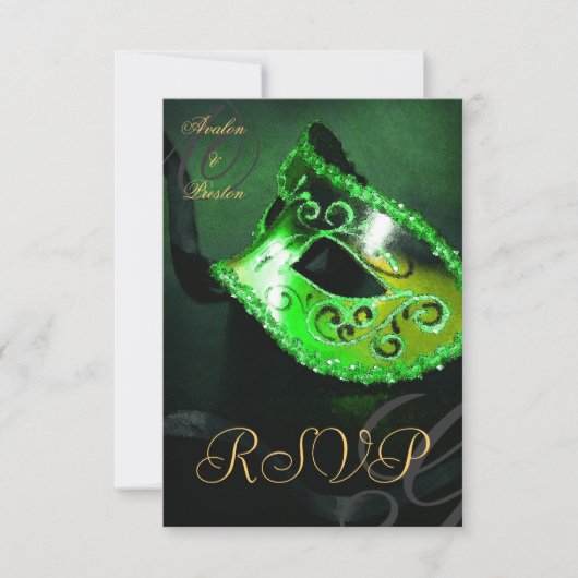 Groene Wervel Masquerade Masker RSVP Uitnodiging (Voorkant)