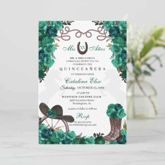 Groene Western Charro Ranchero Quinceanera Kaart (Staand voorkant)