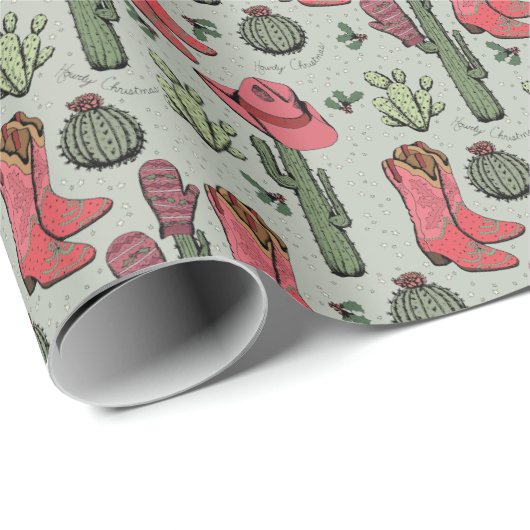 Groene Westerne Howdy Christmas Cowgirl Cadeaupapier (Rol Hoek)