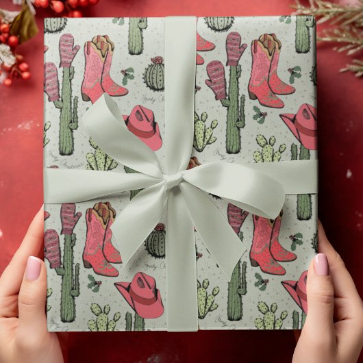 Groene Westerne Howdy Christmas Cowgirl Cadeaupapier