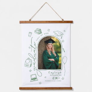 Groene Whimsical Hand Getekende Foto Afstuderen  Hangend Wandkleed