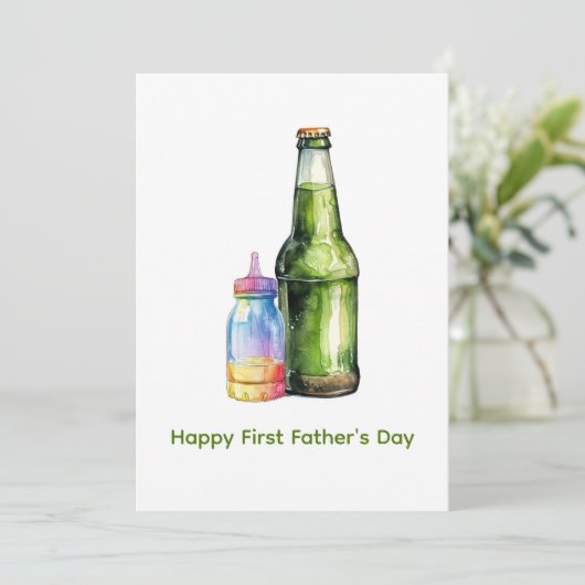 Groene wijn babyfles gelukkige eerste Vaderdag Feestdagenkaart (Staand voorkant)