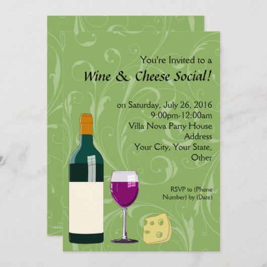 Groene Wijn en Kaas Sociale Partij Platte Uitnodig Kaart (Voorkant / Achterkant)