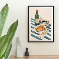 Groene wijnfles, zwarte thee, croissant wanddecora