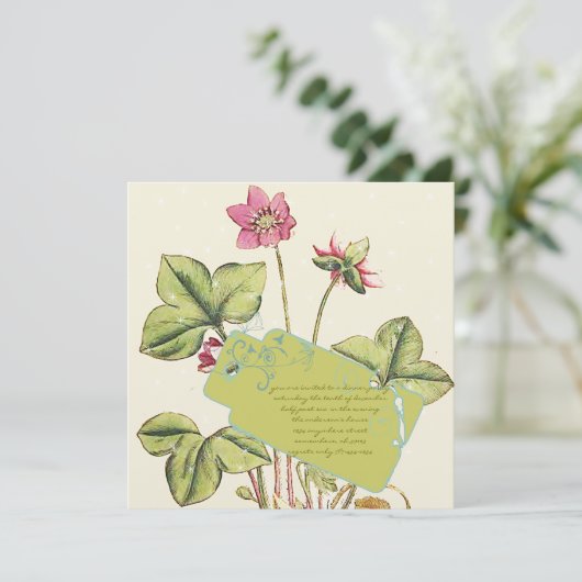 Groene Wilde Bloem Eten Uitnodigingen (Staand voorkant)