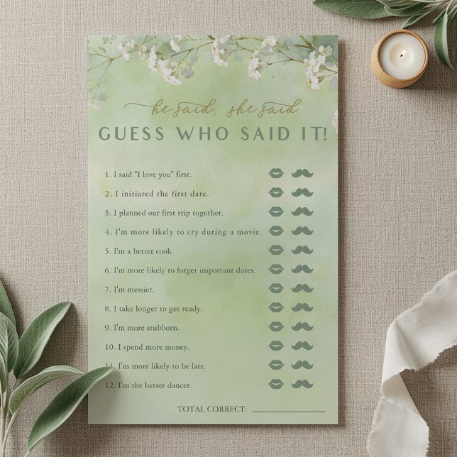 Groene Wilde Bloem Hij Zei Zij Zei Spel (He Said, She Said Bridal Shower Game Card)