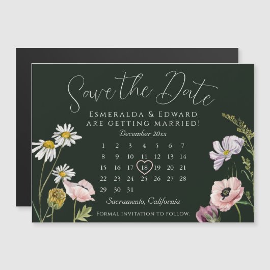 Groene Wilde Bloem Trouwkalender Sla de datum op (Voorkant / Achterkant)