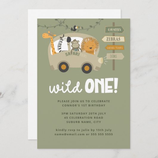 Groene wilde eenzame dieren eerste verjaardag  kaart (Voorkant / Achterkant)