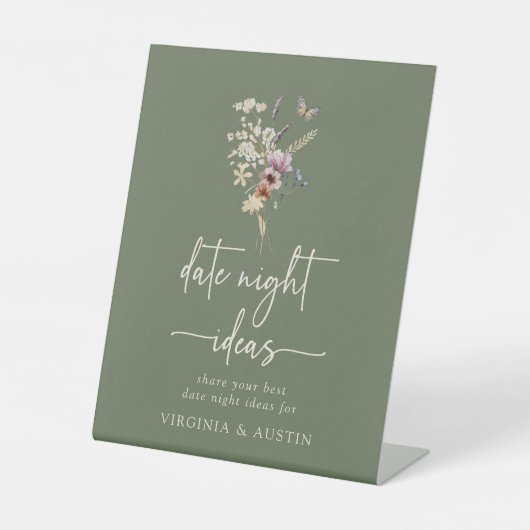 Groene Wildflower Boho Datum Night Sign Reclamebord Met Voetstuk (Voorkant)