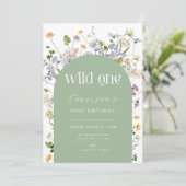Groene Wildflower Wild Een 1e Verjaardag Uitnodigi Kaart (Staand voorkant)