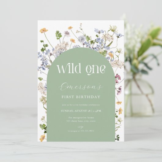 Groene Wildflower Wild Een 1e Verjaardag Uitnodigi Kaart (Staand voorkant)