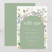 Groene Wildflower Wild Een 1e Verjaardag Uitnodigi Kaart (Voorkant / Achterkant)