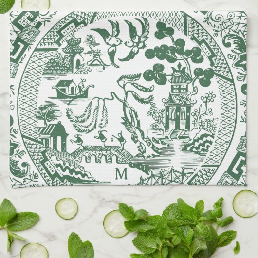 Groene Wilg China Patroon  Custom Monogram Theedoek (Gevouwen)