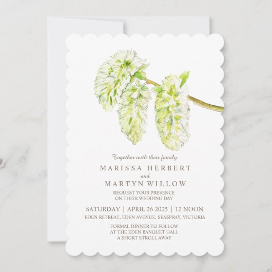 Groene wilgen catkin waterverf bruiloft uitnodigin kaart (Voorkant)