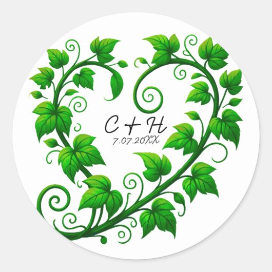 Groene Wingerd Hart Bladeren Bruiloft Ronde Sticker (Voorkant)