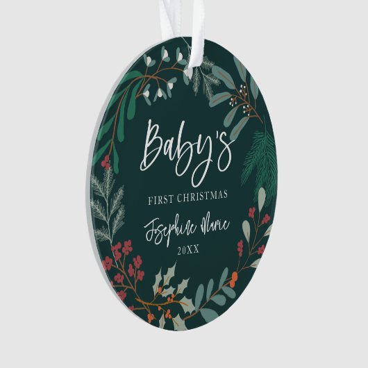 Groene Winter Botanische Baby's Eerste Kerstmis Ornament (voorkant)