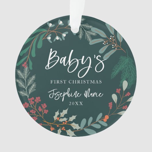 Groene Winter Botanische Baby's Eerste Kerstmis Ornament (voorkant)