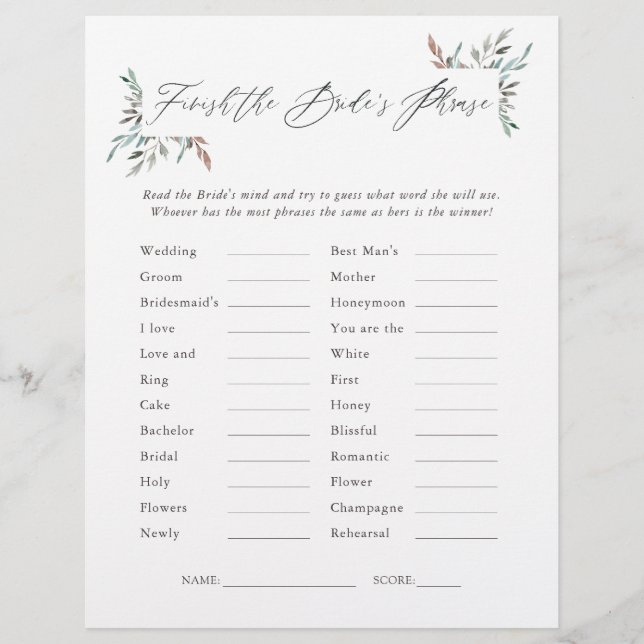 Groene Winter Bruiloftsspel Phrases Game (Voorkant)