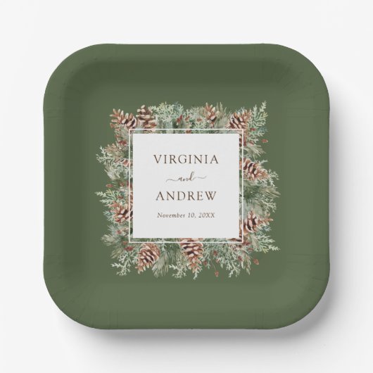 Groene Winter Huwelijk Papieren Bordje (Voorkant)