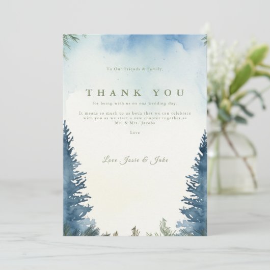 Groene winter pijnbomen trouwtafel dank u bedankkaart (Staand voorkant)