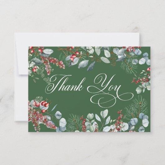 Groene Winter Pine Berries Eucalyptus Wedding Bedankkaart (Voorkant)