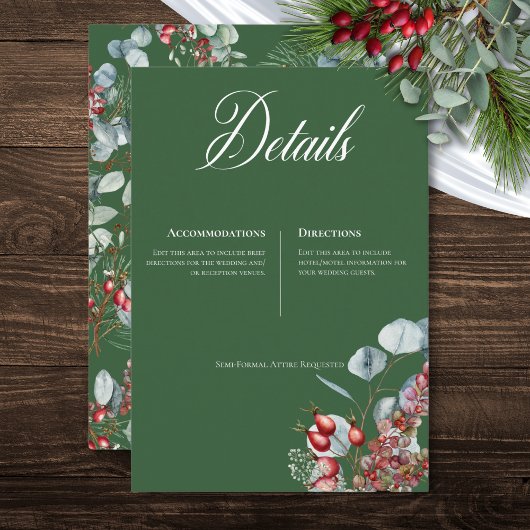 Groene Winter Pine Berries Eucalyptus Wedding Informatiekaartje