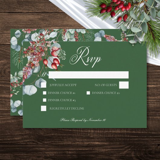 Groene Winter Pine Berries Eucalyptus Wedding RSVP Kaartje